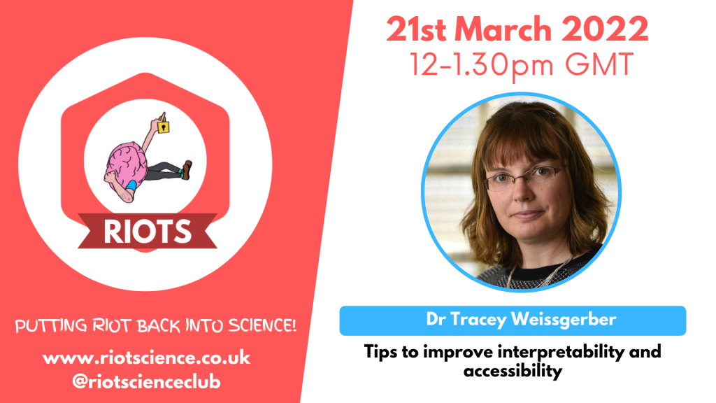 RIOT Science Club (reproducible, interpretable, open, transparent) presents a talk by Dr Tracey Weissgerber: Tips to improve interpretability and accessibility. 21st March 2022. 12-1.30pm GMT